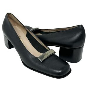 Salvatore Ferragamo Saffiano Leather Pumps Block Heel Sz 9 AA Narrow